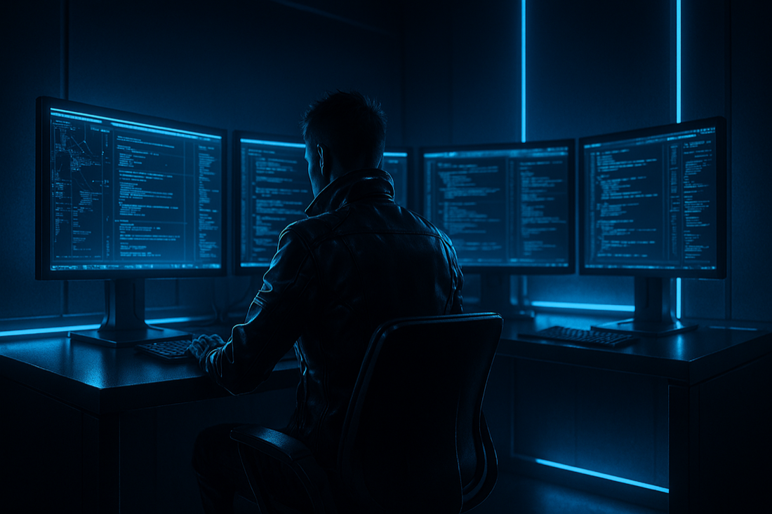 men using computers terminal cyberpunk style