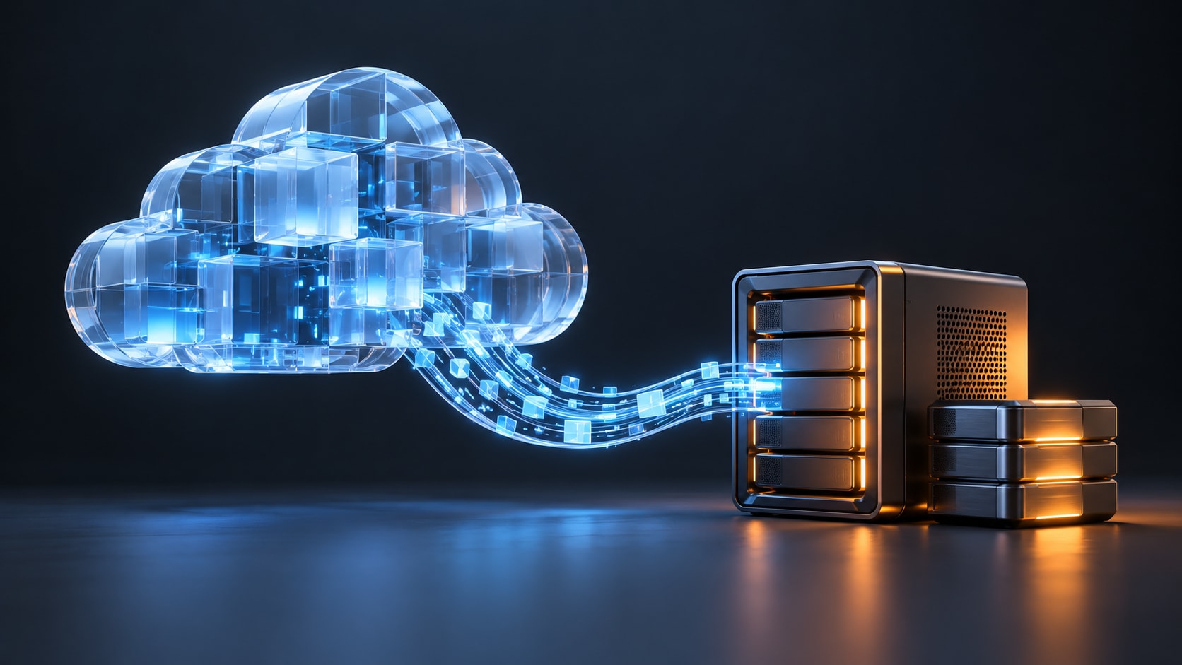 Illustration of data moving from a cloud to an independently controlled server and backup drives.